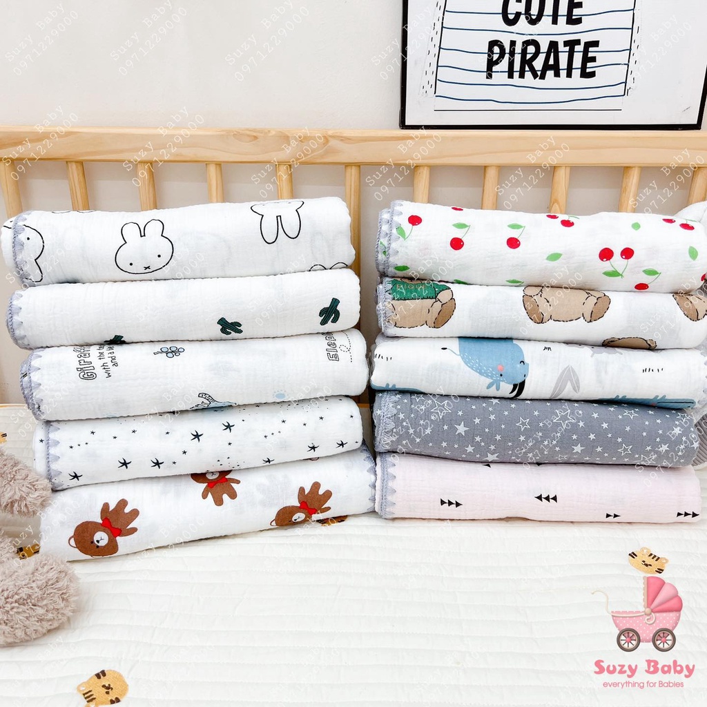 Chăn xô muslin 6 lớp thêu viền cho bé, Suzy baby