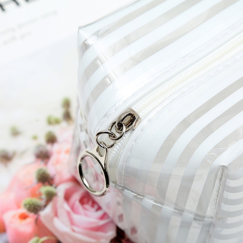 [Hàng mới về] Túi mỹ phẩm bằng PVC trong mờ cỡ lớn chất lượng thiết kế kẻ sọc