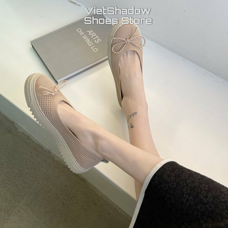 Giày búp bê slip on - Giày lười nữ dệt kim nguyên chiếc 2 màu đen và khaki, đế cao su mềm chống trơn trượt - Mã A31