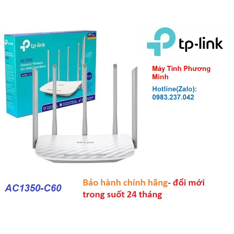 Bộ Phát Wifi TPLink Archer C60 AC1350 - Router Wifi Băng Tần Kép 5 Ăngten - Hàng Chính Hãng bảo hành 24 tháng