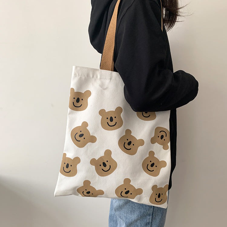 Túi tote vải canvas đeo vai hình gấu nâu mang đi học phong cách hàn quốc
