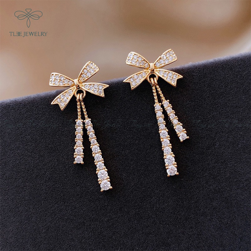 Khuyên tai bạc nữ TLEE nơ dáng dài tiểu thư nạm đá sáng sang trọng NCJ B0144