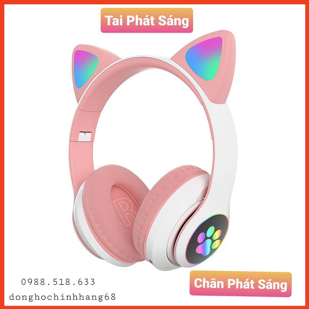 Tai Nghe Mèo Bluetooth Chụp Tai, Headphone Tai Mèo Dễ Thương Có Mic, Âm Bass Mạnh Mẽ Bảo Hành 12 Tháng