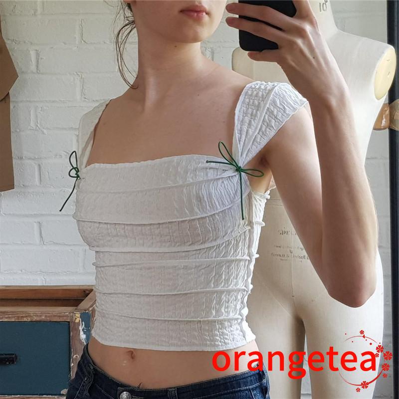 Áo Lửng Sát Nách Cổ Vuông Màu Trơn Buộc Dây Thời Trang Cho Nữ