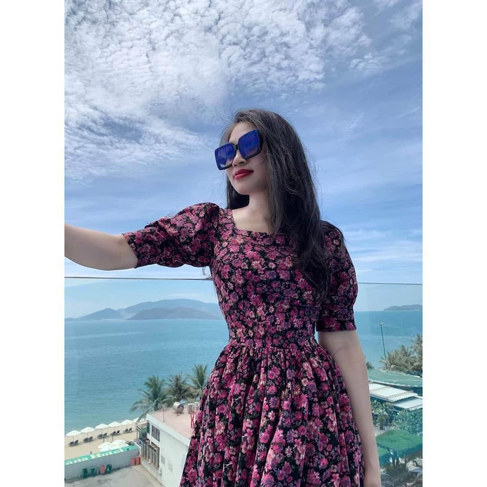 Váy Dáng Xòe Hoa Màu Tím Tay Phồng Xinh Xắn Nơi Công Sở