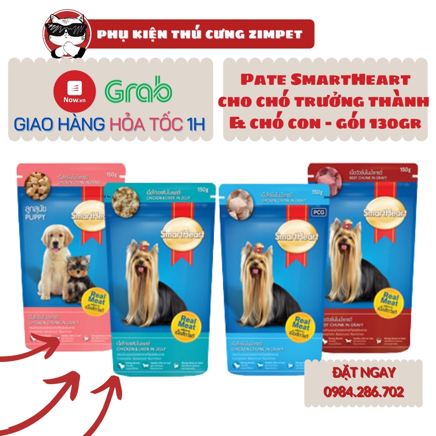 Pate SmartHeart cho chó trưởng thành và chó con gói 130gr - Gói sốt thịt Cho Chó Smartheart Vị Bò/Gà/ Gà &amp; Gan 130g