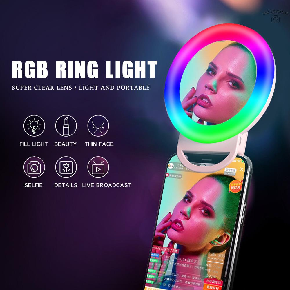 ღ  Mini RGB Smartphone Selfie Ring Light  Clip-on LED Beauty Light Built-in Rechargeable Battery with Mirror for Live Streaming Selfie Video Recording