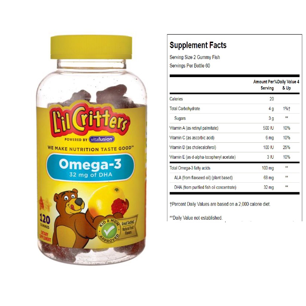 Kẹo dẻo gấu L'il Critters đa vitamin Gummy Vites Omega 3 LiL Critter Immune C Fiber Canxi D3 60v 70v 120v 190v 250v 300v