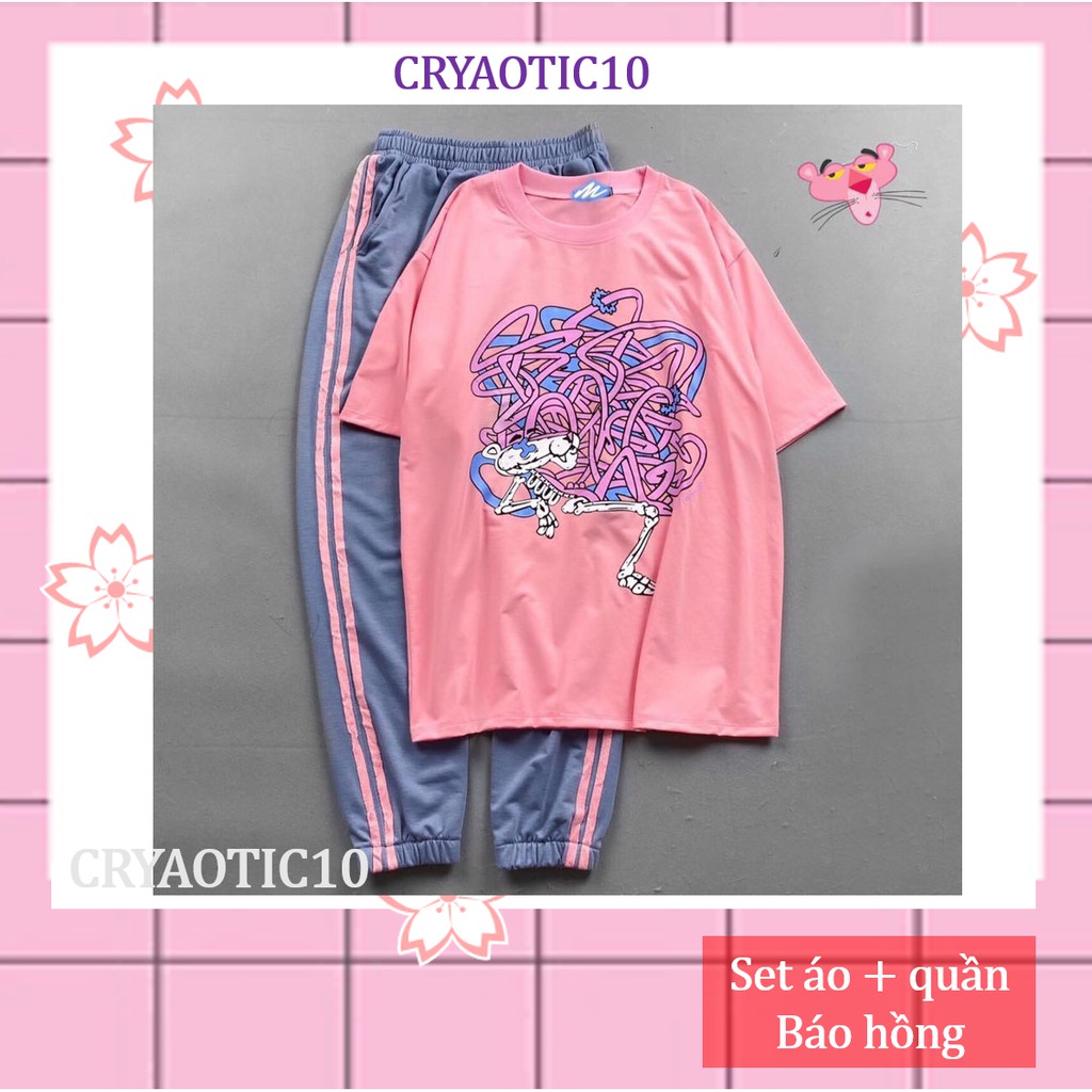 Set áo báo hồng + quần 2 sọc hồng unisex
