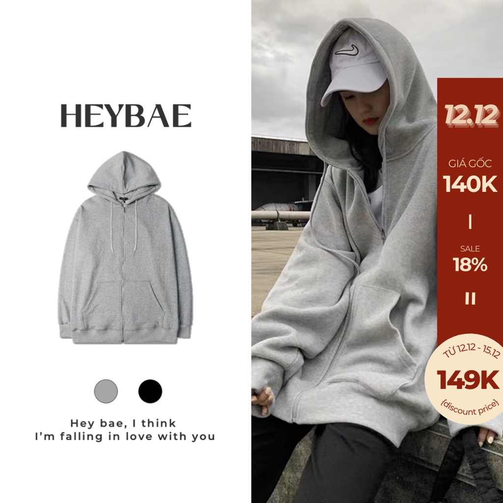 Áo khoác hoodie nỉ unisex cơ bản Homie HEYBAE trơn oversize dài tay có mũ 2 màu đen xám áo khoác mùa đông AK014