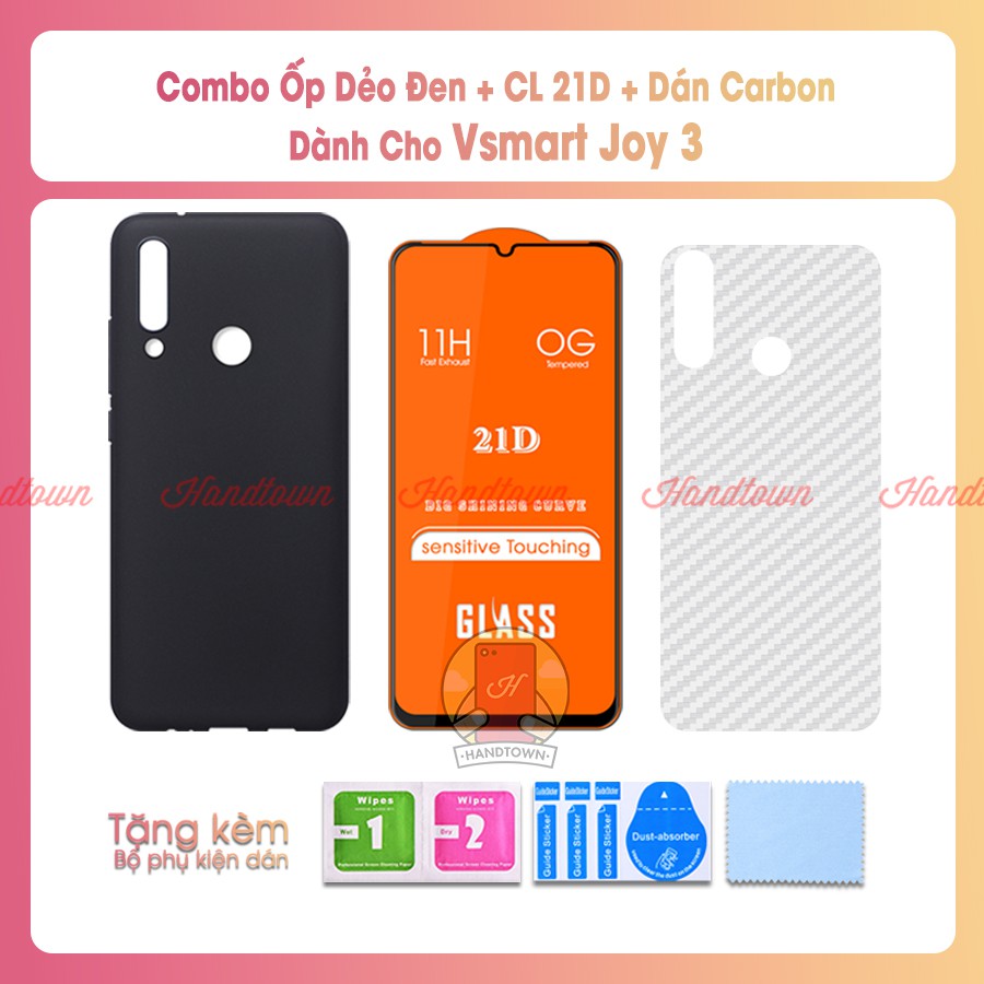 Combo Ốp Lưng Silicone Dẻo Đen, Kính Cường Lực 21D, Miếng Dán Cacbon Dành Cho Vsmart Joy 3