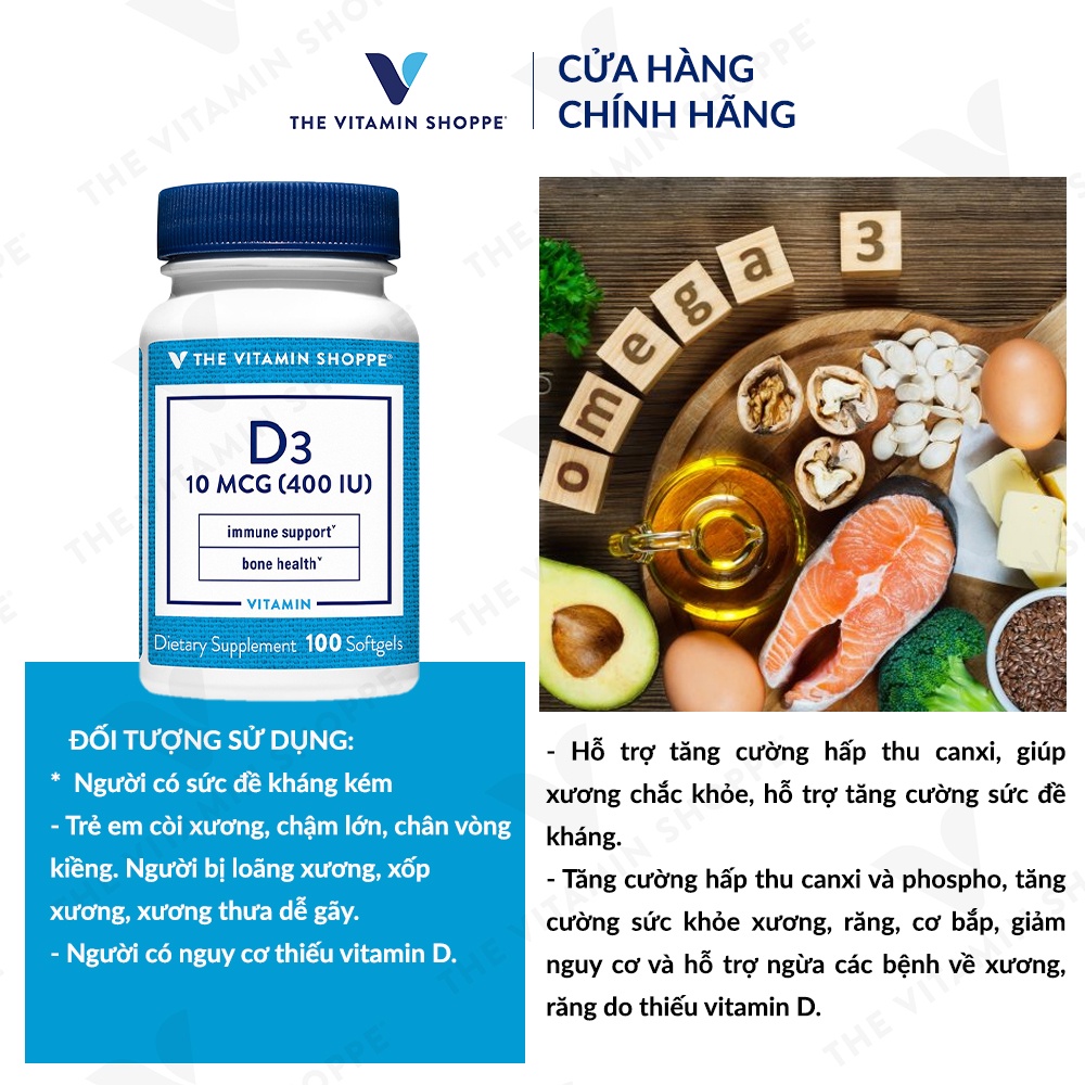 Viên uống bổ sung Vitamin D3, canxi The Vitamin Shoppe D3 10 MCG (400 IU) 100 viên chắc khỏe xương
