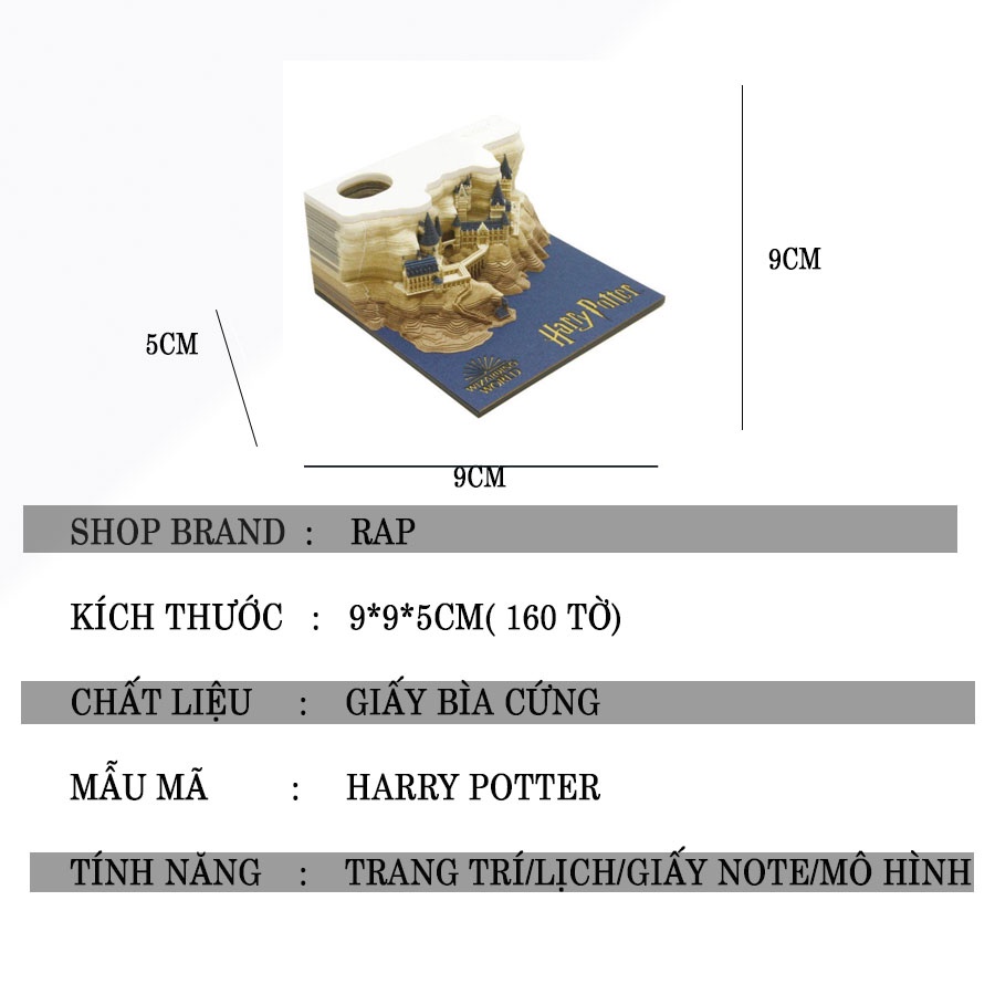 Giấy note mô hình lâu đài HARRY POTTER 3D bìa cứng sinh động 160 tờ tặng kèm đèn LED trang trí bàn học, bàn làm việc-Ráp