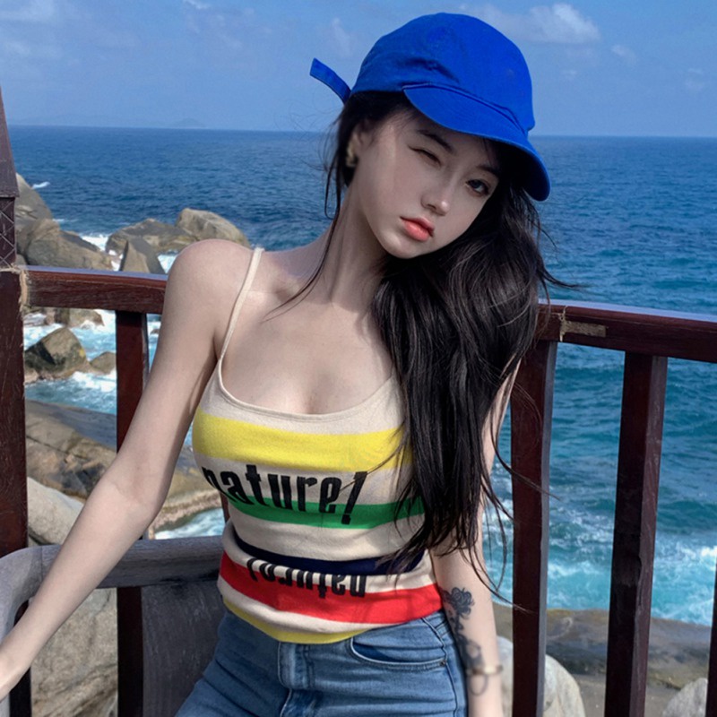 Áo Hai Dây Dệt Kim In Chữ Thời Trang Mùa Hè Cho Nữ