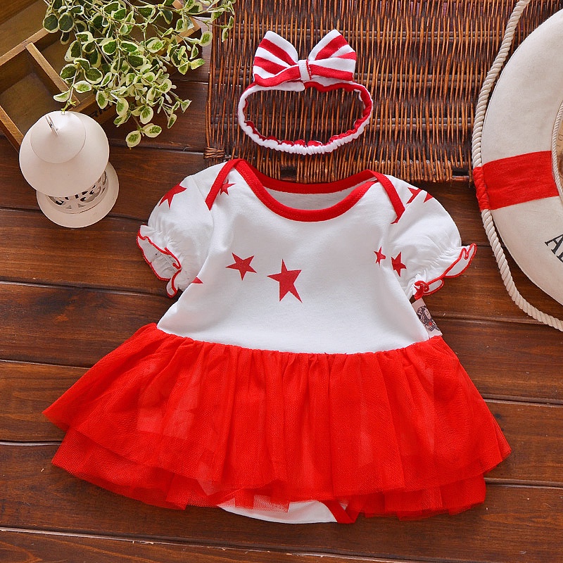 Váy body sơ sinh dài tay bé gái họa tiết sao kèm tuban size 0-12 tháng SS10