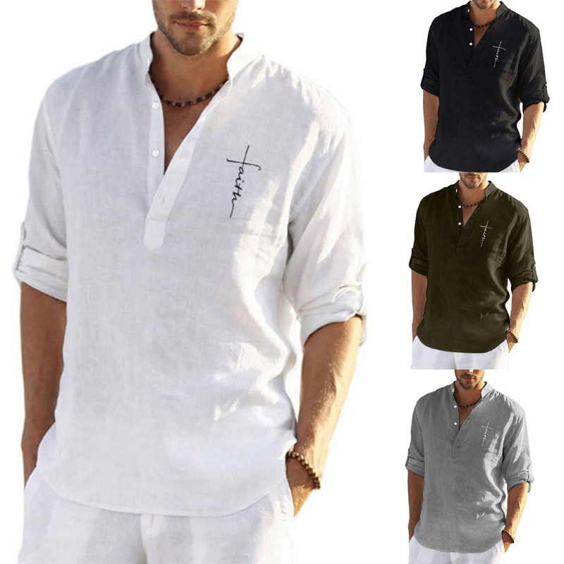 Áo sơ mi tay dài cổ chữ V bằng cotton lanh màu sắc đơn giản dành cho nam