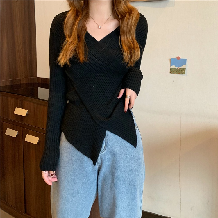 [Áo len nữ cổ V vạt chéo] Áo len dệt kim nữ dáng ôm hàng quảng châu | BigBuy360 - bigbuy360.vn