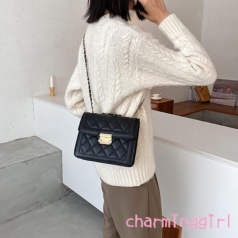 Túi xách da đeo chéo sức chứa lớn khóa kim loại họa tiết chỉ thêu cho nữ