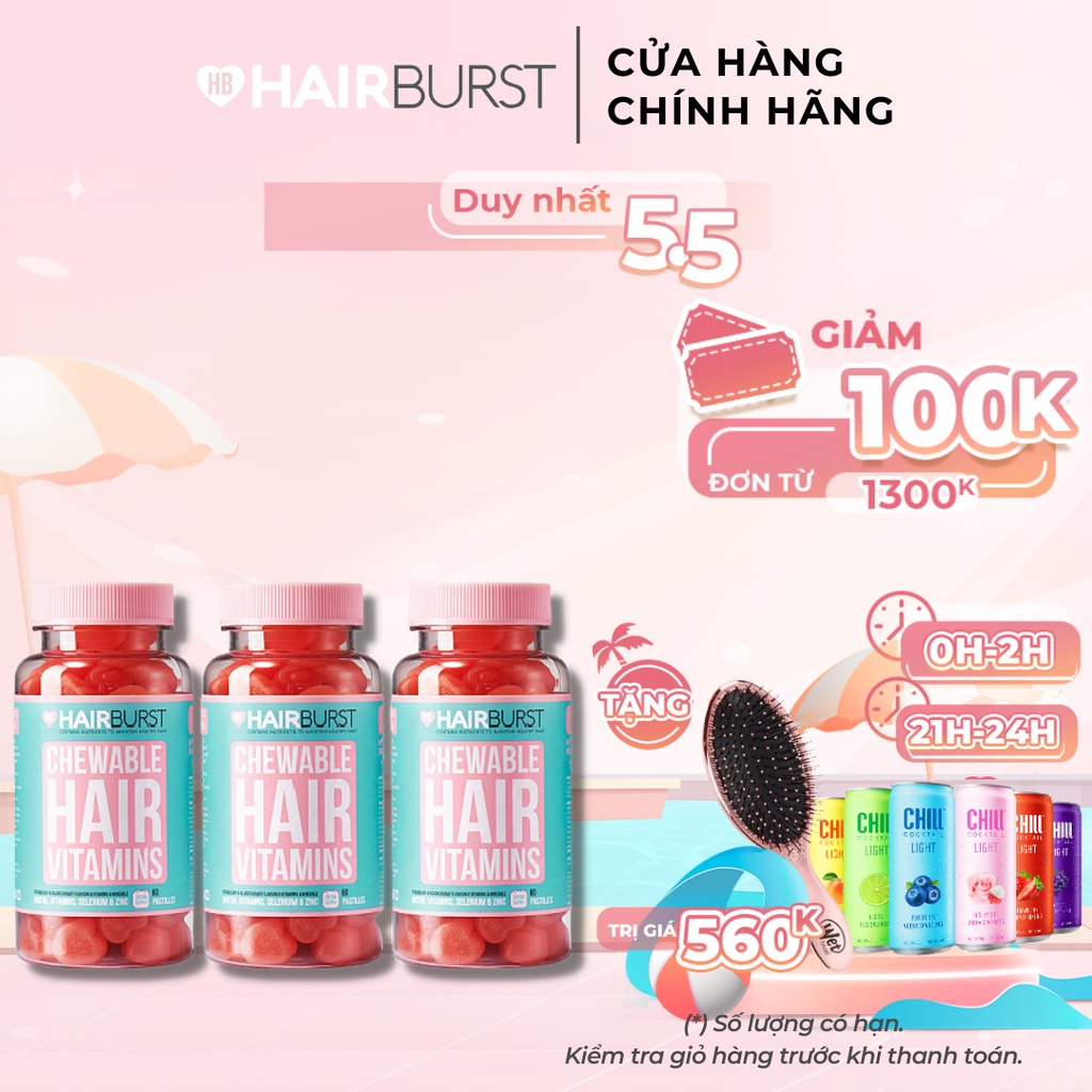 Combo 3 lọ kẹo dẻo vitamin chăm sóc, kích thích mọc tóc HAIRBURST chewable hair vitamins