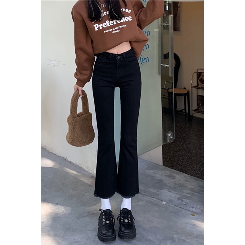 Quần jeans nữ, quần jeans nữ ống loe cạp cao co dãn nhẹ cao cấp màu đen size S M L SKUQ-11
