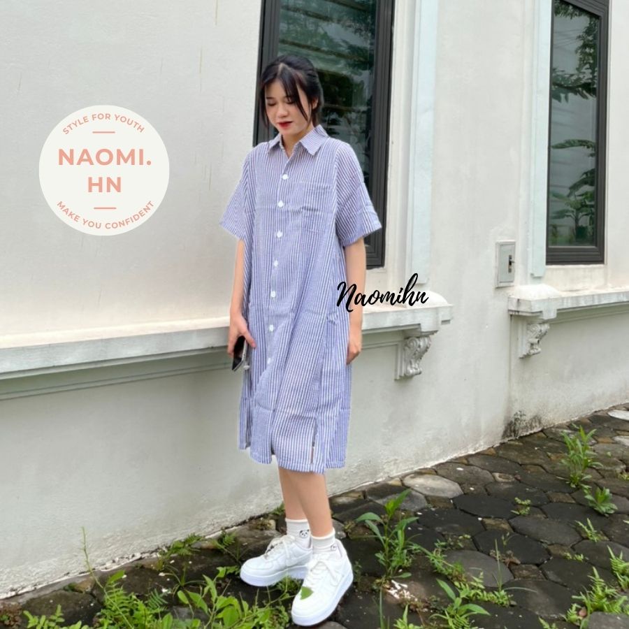 Váy sơ mi dáng dài vintage tay ngắn kẻ chất xốp mặc hè siêu mát. Váy hè suông form rộng kẻ sọc xẻ ngang nhiều màu HOT