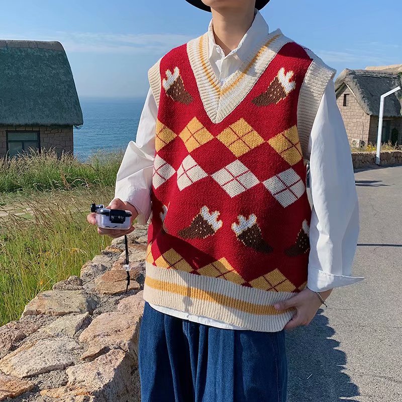 Áo Len From Rộng Thời Trang Nam Len Sọc Áo Cardigan Nâu Áo Sweater Dệt Kim Sát Nách Kiểu Nhật Hàn Cá Tính Cho Nam