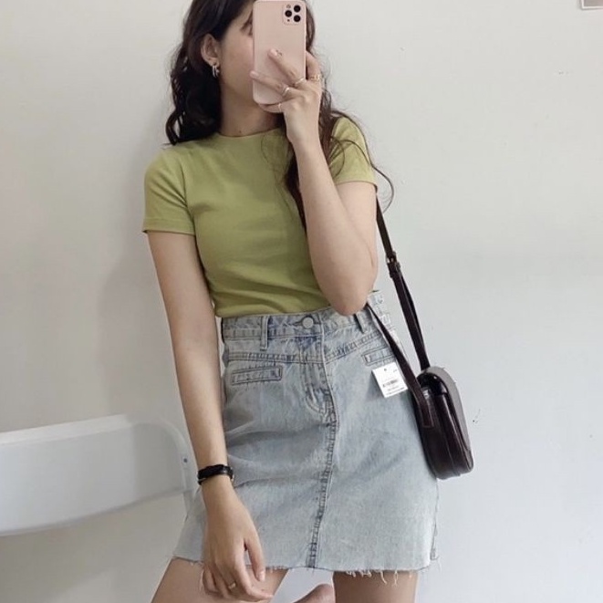 Áo thun dệt kim tay ngắn basic, áo len tăm cổ tròn, áo len dáng ôm sọc tăm ngắn tay, áo phông nữ đơn giản F16-1