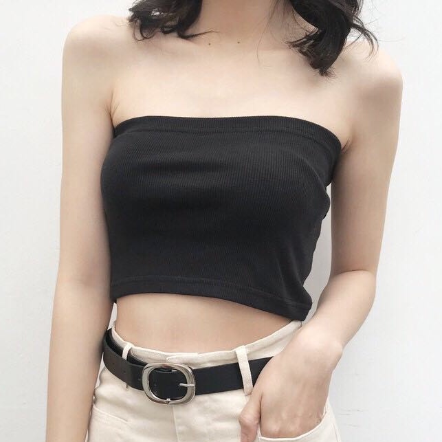 A016 Áo quây ngực ống tube crt đen trắng dáng ngắn co giãn, Áo lót bra croptop không dây thun phông trơn ôm body
