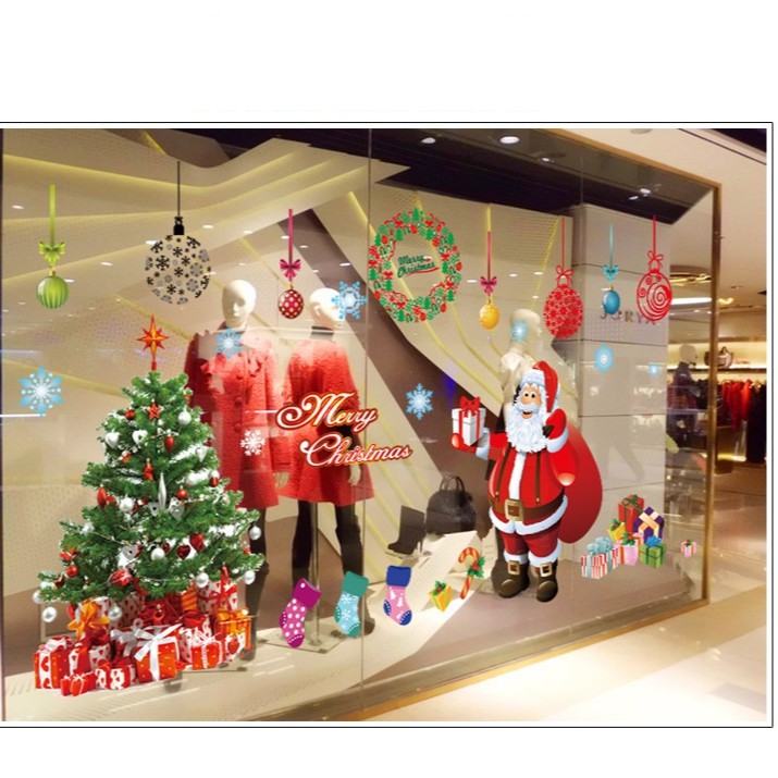 Tranh decal dán tường ÔNG GIÀ NOEL (2 TỜ) với những món quà đáng yêu trang trí cửa hàng - Tranh decal dán tường