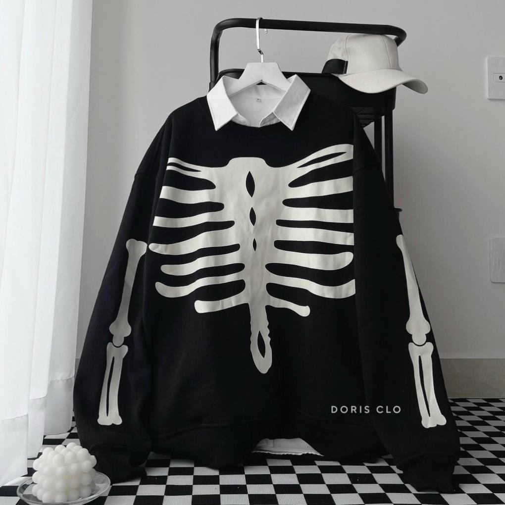 Áo Hoodie Không Nón, Áo Sweater Chui In Bộ Xương Cực Hot From Nam Nữ Giữ Ấm Mặc Đi Học -TP79