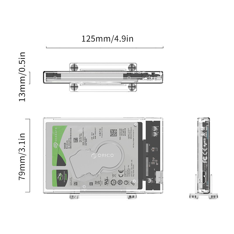 Hộp đựng ổ cứng ORICO 2159C3 cổng Sata sang USB 3.0/USB 3.1 Type C màu sắc trong suốt cho HDD/SSD 2.5