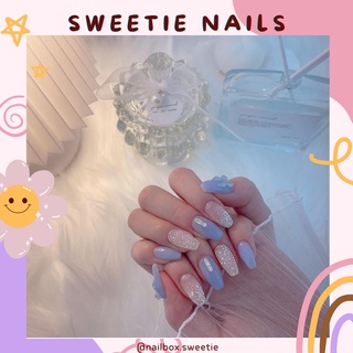 NAILBOX - Móng úp thiết kế theo size - xanh nhũ rắc lấp lánh đính đá Hàn Quốc