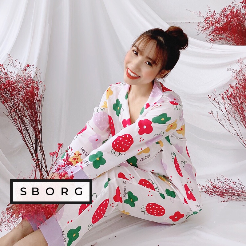 Bộ thu đông nữ SBORG lụa satin mềm mịn họa tiết cute pijama tay dài đồ bộ nữ có túi bigsize fly-sun quà tặng vợ