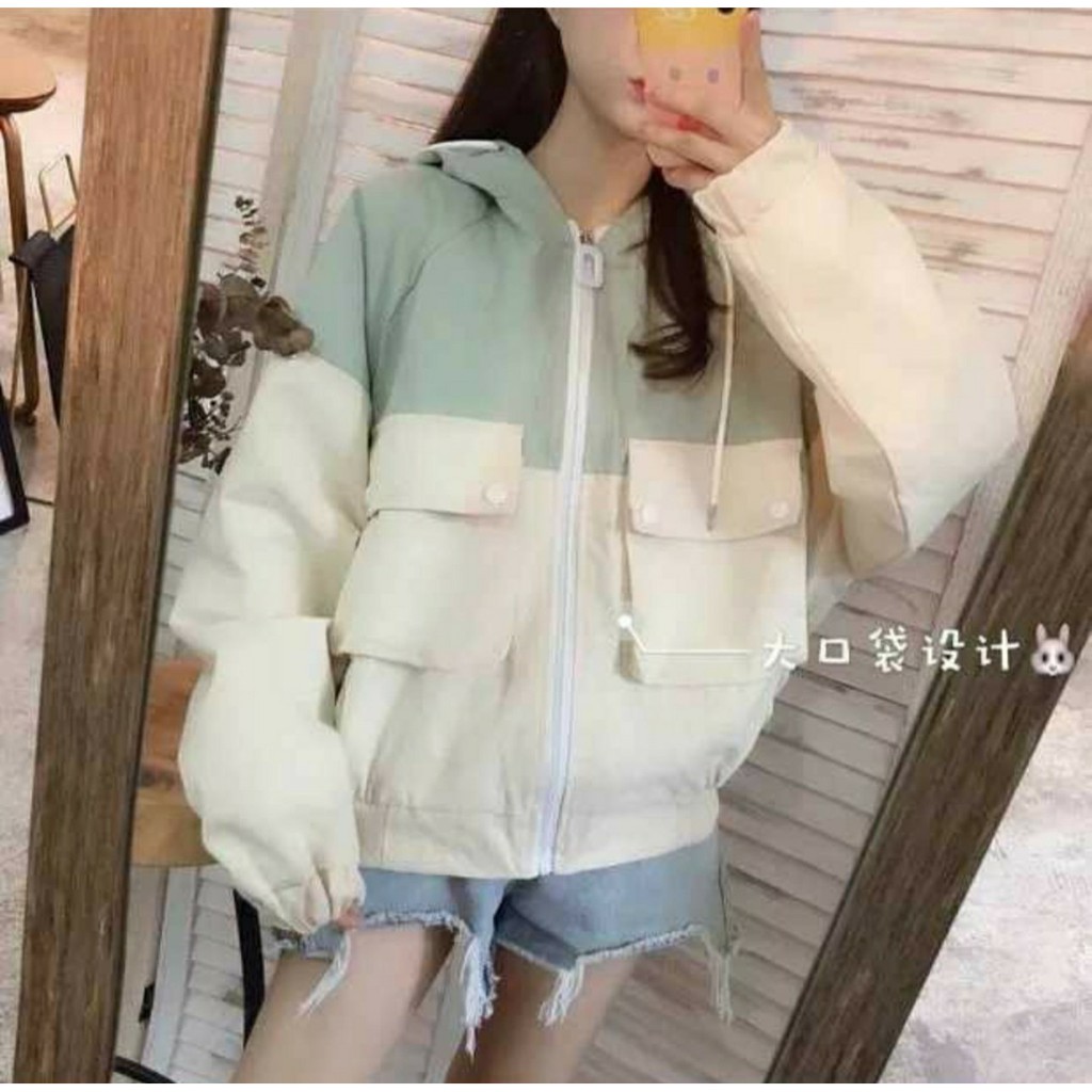 Áo khoác kaki tai gấu nắp túi 1 lớp áo chống nắng nữ siêu tiện lợi