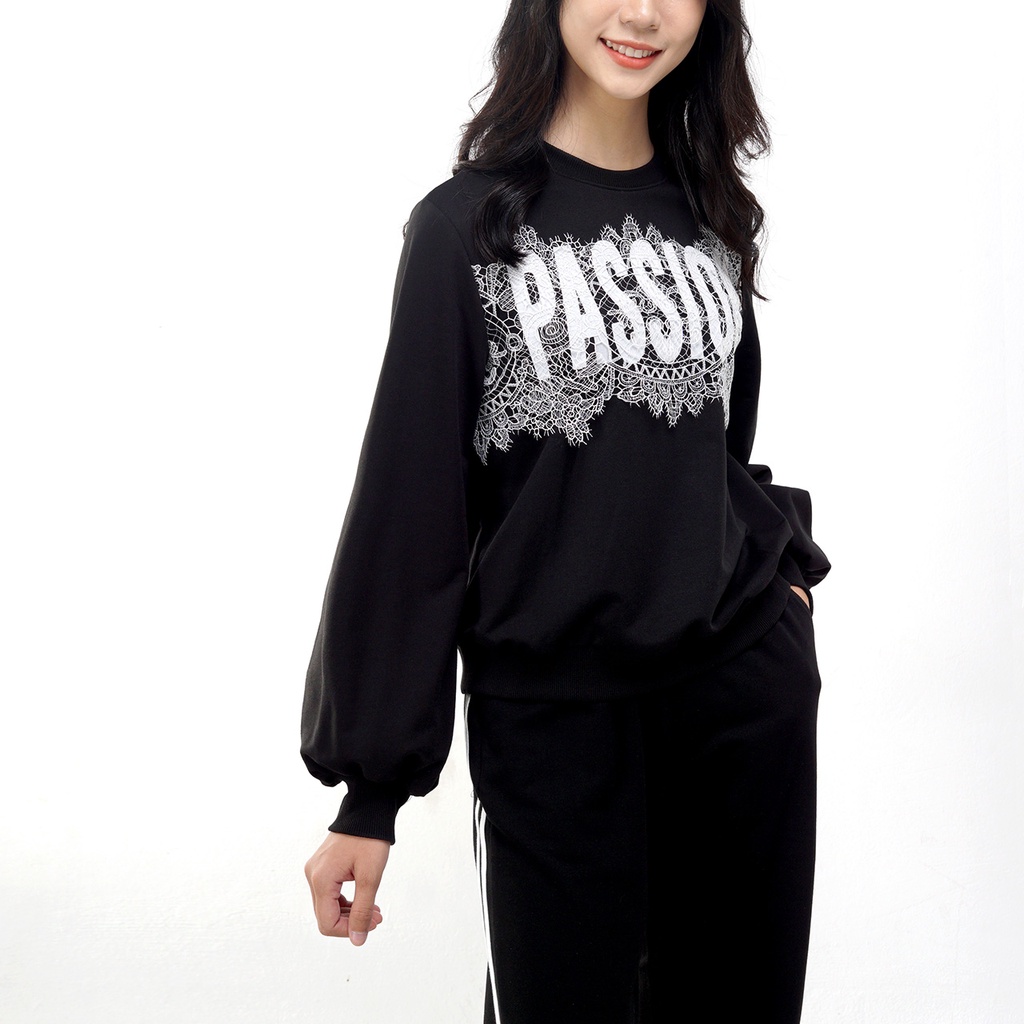 Áo nỉ nữ SAYME áo sweater dài tay nỉ da cá mềm mịn ấm áp PASSION phối ren WCSI0010
