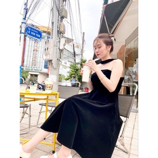 ĐẦM NHUNG ĐEN CÓ NƠ PHÍA SAU