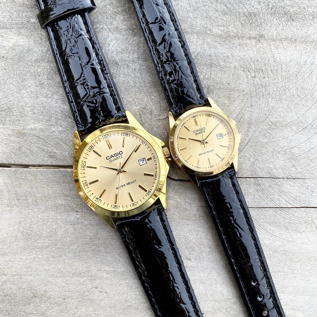 Đồng Hồ CẶP CASIO C045 DÂY DA Mặt Vàng Chống Xước, Chống Nước - TẶNG 2 Dây Da Cao Cấp + 4 pin AG4