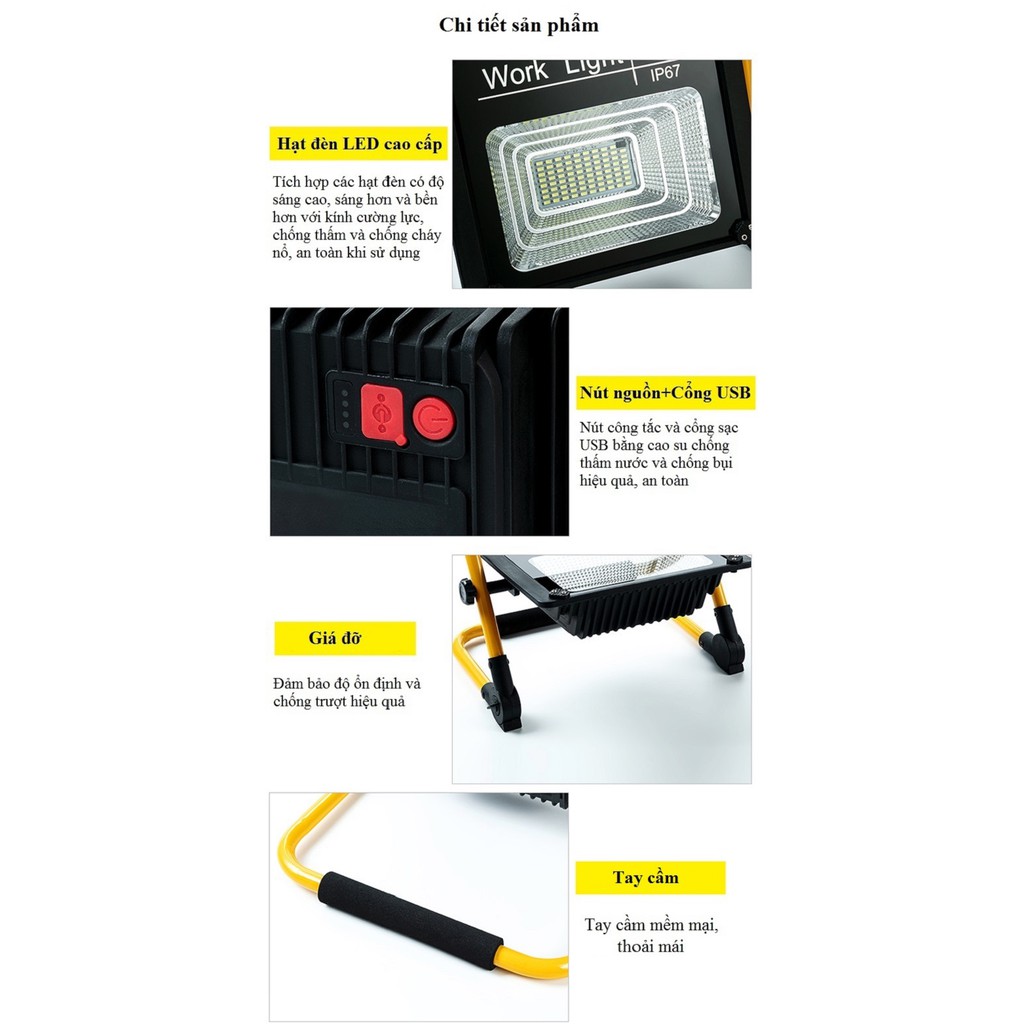 Đèn led ngoài trời có ĐKTX 120W W728 sạc điện, siêu sáng