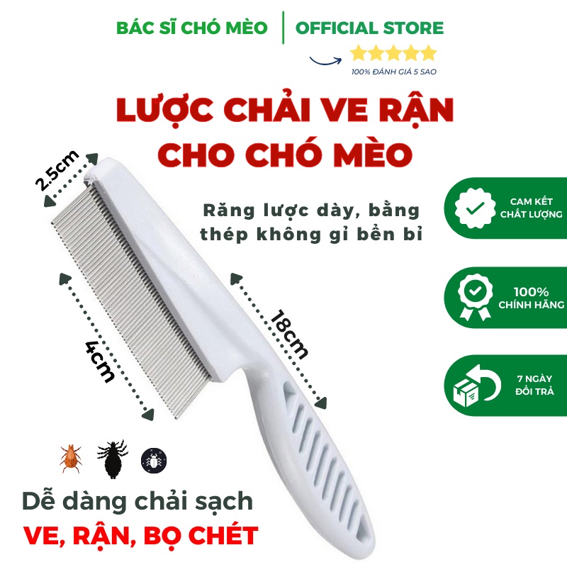 Lược Chải Ve Rận Bọ Chét Chó Mèo Bền Bỉ, Răng Lược Dày Chải không làm chó mèo đau