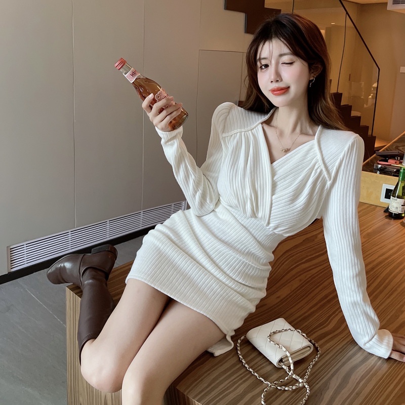 Váy body- Đầm body len tăm trắng vạt chéo nhún hông