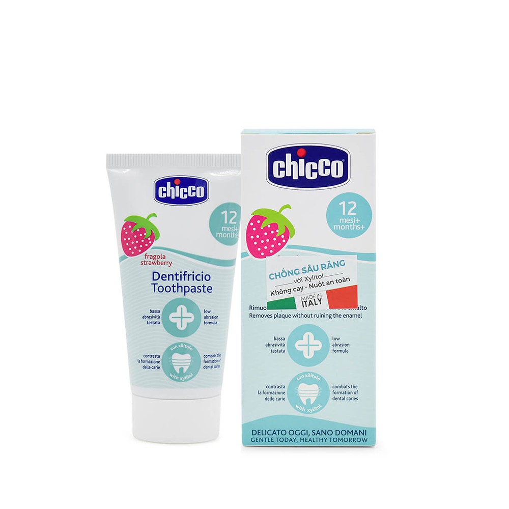 [Tặng quà] Kem đánh răng hương Dâu Chicco 12M+, chống sâu răng, nuốt an toàn 50ml ( Tặng 50 tờ khăn khô đa năng )