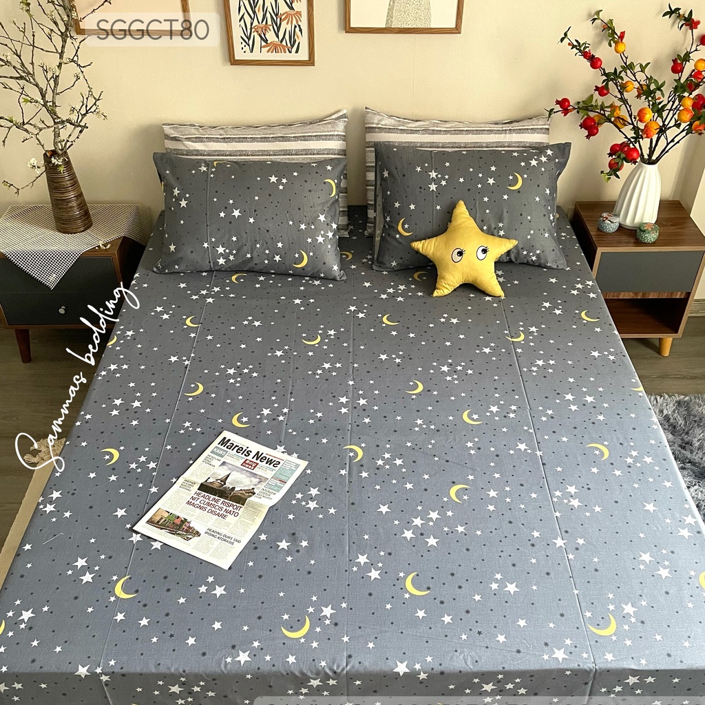 Bộ Drap Giường Kèm Vỏ Gối ( Bầu Trời Đêm), Bộ Chăn Ga Gối 3 Món, Cotton 100% Thoáng Mát