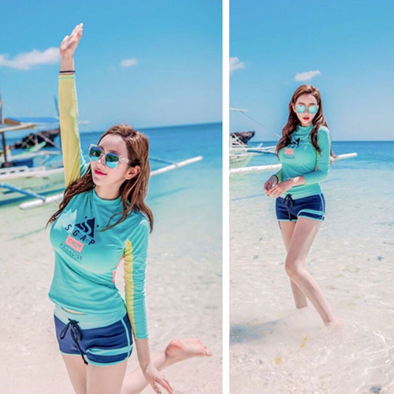 Bộ đồ bơi nữ dài tay phối màu trẻ trung-bikini | BigBuy360 - bigbuy360.vn