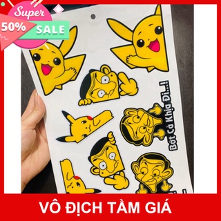 Hcm- ddxm-v12-61 tem nổi hình mr.bean bớt cà khịa đi, pikachu núp, decal trang trí xe, tem dán xe máy, stick nổi