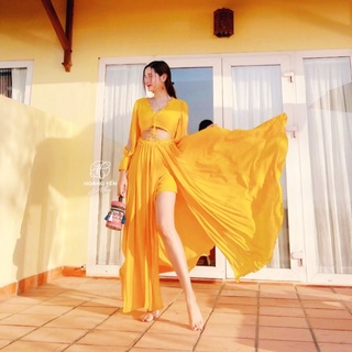 HOANGYEN - Đầm vàng tay dài xẻ tà khoét eo đi biển chất tằm không nhăn