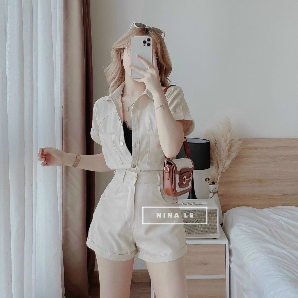 Sét Đồ Nữ, Sét Áo Sơ Mi Tay Lận Kèm Quần Đùi Chất Tuyết Mưa Đính Nút Sang Chảnh