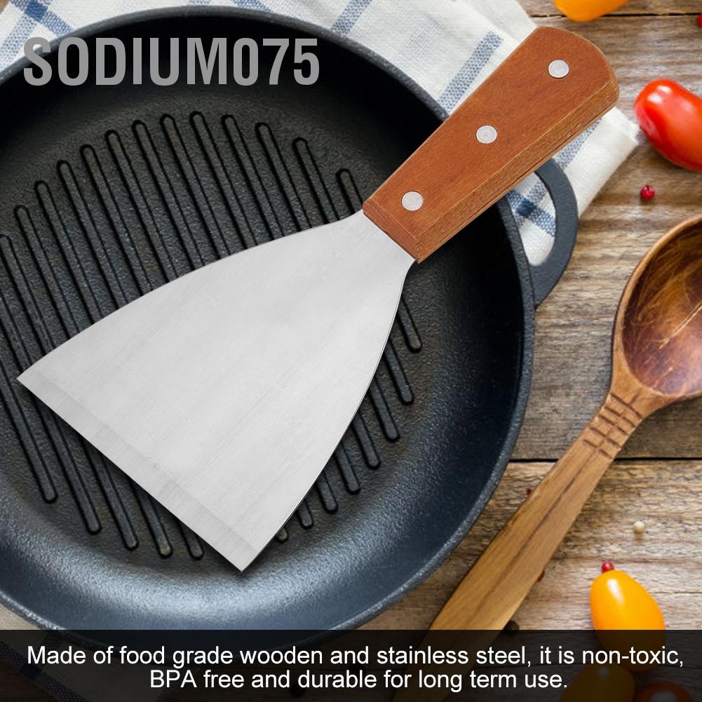 Hàng Hot Thép không gỉ chống dính bằng gỗ chịu nhiệt Tay cầm bằng gỗ BBQ Steak Spatula Turner Dụng cụ nấu ăn Hàng giao ngaySodium075