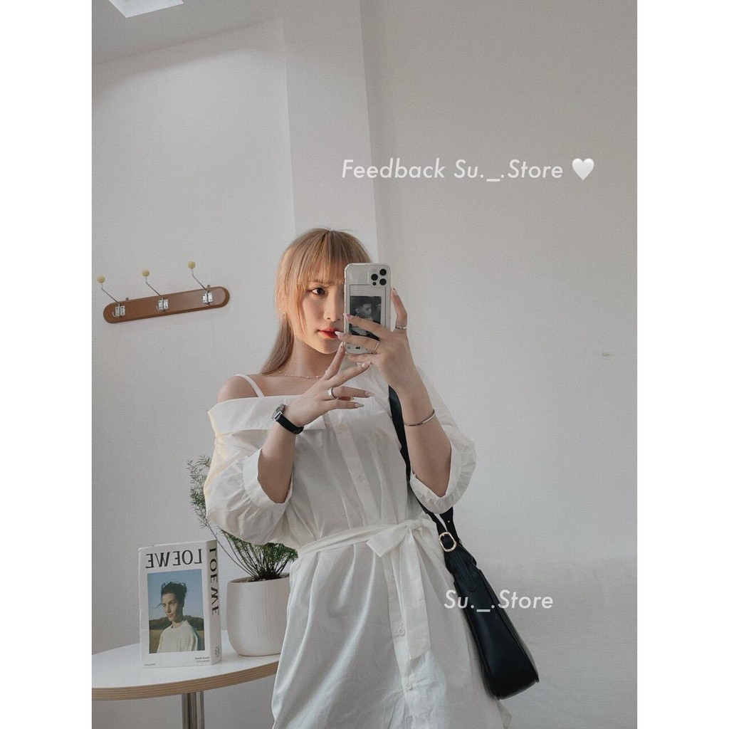 [SIÊU HOT] Áo Váy Sơ Mi Thô Lụa Hở Vai kèm Đai Điệu Đà