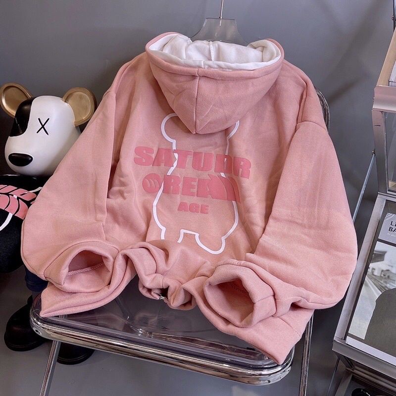 Áo Khoác Hoodie Unisex Hàn Quốc 💖 Khóa Kéo Nón 2 Lớp In Gấu SATUDR OREAN AGE