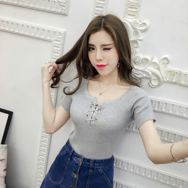 [Baywellfashion]Áo thun dệt kim tay ngắn cổ tròn đan thắt dây gợi cảm